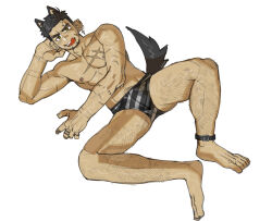 Rule 34 | 1boy, abs, animal ears, bara, barbell piercing, black male underwear, blush, briefs, bulge, come hither, dog boy, dog ears, dog tail, from above, full body, grey male underwear, leg hair, looking at viewer, lying, male focus, male underwear, multicolored male underwear, muscular, muscular male, navel, nipples, on back, open mouth, original, pectorals, piercing, sanpaku, seductive smile, short hair, smile, solo, spread legs, striped male underwear, tail, thick eyebrows, thighs, topless male, underwear, uza (hellme)