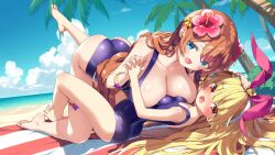 Rule 34 | 2girls, :d, ass, bangle, bare arms, bare legs, bare shoulders, barefoot, blonde hair, blue eyes, blue one-piece swimsuit, blue sky, blush, boreas (kamihime project), bracelet, breasts, brown hair, character request, cleavage, cloud, commentary request, flower, hair between eyes, hair flower, hair ornament, hairband, hand on another&#039;s head, highres, holding hands, horizon, interlocked fingers, jewelry, kamihime project, kani biimu, kneeling, large breasts, long hair, multiple girls, ocean, one-piece swimsuit, open mouth, outdoors, palm tree, red eyes, red flower, sky, small breasts, smile, sunflower, sunflower hair ornament, sweat, swimsuit, tree, very long hair, water, white hairband, yellow flower