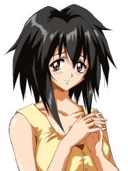 Rule 34 | 1990s (style), 1girl, black hair, closed mouth, hair between eyes, highres, long hair, looking at viewer, macla, melfina (outlaw star), outlaw star, own hands clasped, own hands together, red eyes, retro artstyle, simple background, smile, solo, white background