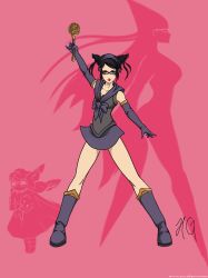 Rule 34 | 1girl, alternate costume, alternate hair length, alternate hairstyle, bayonetta, bayonetta, bayonetta (series), black gloves, black hair, blue eyes, boots, cereza, different shadow, double bun, elbow gloves, eyeshadow, full body, glasses, gloves, highres, knee boots, lipstick, m-a-v-e-r-i-c-k, magical girl, makeup, mole, mole under mouth, pinky out, red background, sailor collar, silhouette, skirt, skirt set, solo, spiked hair