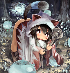 Rule 34 | 1girl, animal ears, animal hood, bent over, black hair, boots, cat ears, cat hood, cat tail, fart, final fantasy, hood, long hair, no panties, open mouth, original, paprika shikiso, red eyes, slime (creature), solo, square enix, staff, tail, tears, white mage (final fantasy)