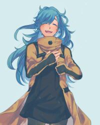 Rule 34 | 1girl, ai the somnium files, blind cloud, blue hair, closed eyes, commentary, cowboy shot, english commentary, high collar, highres, long hair, long sleeves, okiura mizuki, open mouth, pantyhose, sleeves past wrists, solo, teeth, upper teeth only