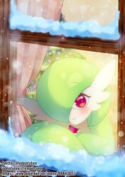 Rule 34 | 1girl, artist name, blurry, blurry background, blush, bob cut, breasts, christmas, christmas tree, closed mouth, colored skin, creatures (company), crossed arms, curtains, edna faline, email address, female focus, from outside, game freak, gardevoir, gen 3 pokemon, green hair, green skin, hair over one eye, happy, looking at viewer, medium breasts, multicolored skin, nintendo, one eye covered, pixiv id, pokemon, pokemon (creature), red eyes, short hair, smile, snow, snowing, solo, twitter username, two-tone skin, upper body, watermark, web address, white skin, window, winter