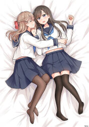 Rule 34 | 2girls, absurdres, betock, black pantyhose, black thighhighs, blue neckerchief, blue sailor collar, blue skirt, blush, bow, brown hair, clenched teeth, closed eyes, commentary request, hair bow, half updo, hand on another&#039;s cheek, hand on another&#039;s face, highres, light brown hair, long hair, long sleeves, lying, midriff, midriff peek, multiple girls, navel, neckerchief, no shoes, on back, on bed, on side, open mouth, original, pantyhose, pleated skirt, purple eyes, red bow, sailor collar, school uniform, serafuku, shirt, skirt, smile, teeth, thighhighs, white shirt, yuri