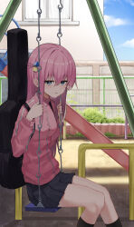 Rule 34 | 1girl, blue eyes, bocchi the rock!, cube hair ornament, dawon, full body, gotoh hitori, guitar case, hair ornament, half-closed eyes, highres, instrument case, jacket, long hair, long sleeves, looking at viewer, outdoors, pink hair, playground, pleated skirt, skirt, solo, swing, track jacket