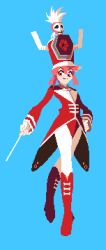 Rule 34 | 1girl, artist request, baton, blue background, bone, boots, cape, collared shirt, fake horns, gloves, hair between eyes, hand on own hip, hat, highres, holding baton, horned headwear, horns, jakuzure nonon, kill la kill, knee boots, leotard, long sleeves, matching hair/eyes, pantyhose, pink eyes, pink hair, pixel art, plume, red cape, red footwear, red hat, red leotard, shako cap, shirt, simple background, skull, smile, solo, source request, speaker, tareme, white gloves, white pantyhose