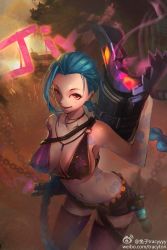 Rule 34 | 1girl, alternate breast size, belt, blue hair, braid, breasts, cannon, character name, charging, cleavage, downblouse, covered erect nipples, from above, gun, hairline, handgun, huge breasts, jewelry, jinx (league of legends), league of legends, looking at viewer, midriff, navel, necklace, pistol, red eyes, rocket launcher, short shorts, shorts, solo, standing, tattoo, thighhighs, tracyton, twintails, watermark, weapon, web address