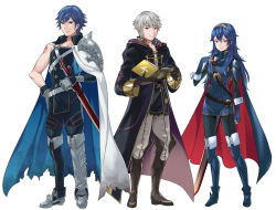 Rule 34 | 2boys, ameno (a meno0), armor, armored boots, asymmetrical clothes, belt, blue eyes, blue footwear, blue gloves, blue hair, blue sweater, book, boots, brown belt, brown eyes, cape, chrom (fire emblem), closed mouth, coat, falchion (fire emblem), fingerless gloves, fire emblem, fire emblem awakening, full body, gloves, grey hair, hand on own chest, lips, long hair, long sleeves, looking at viewer, lucina (fire emblem), multiple boys, nintendo, pink lips, red cape, ribbed sweater, robin (fire emblem), robin (male) (fire emblem), short hair, shoulder armor, simple background, smile, sweater, sword, tiara, torn clothes, turtleneck, turtleneck sweater, two-tone cape, weapon, white background