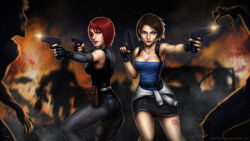 Rule 34 | 2girls, absurdres, black gloves, black skirt, blood, blood on face, blue eyes, breasts, brown hair, cleavage, clothes around waist, company connection, crossover, detached sleeves, dino crisis, dual wielding, finger on trigger, fingerless gloves, firing, glock, gloves, gun, handgun, highres, holding, holster, jill valentine, medium breasts, multiple girls, pink lips, pistol, red eyes, red hair, regina (dino crisis), resident evil, resident evil 3, resident evil 3: nemesis, sam delatore, signature, skirt, strapless, sweater, sweater around waist, toned, tube top, weapon