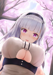 Rule 34 | 1girl, amano kusatsu, azur lane, black hairband, blunt bangs, blush, breasts, center frills, cherry blossoms, clothing cutout, commentary request, day, dido (azur lane), earrings, frills, from below, hairband, highres, jewelry, large breasts, long hair, looking at viewer, looking down, maid, outdoors, pov, purple eyes, shirt, silver hair, smile, solo, spring (season), tree, underboob, underboob cutout, white shirt