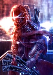 Rule 34 | 1other, absurdres, blurry, blurry background, coat, commentary request, cyberpunk, depth of field, facing viewer, gloves, glowing, helm, helmet, highres, looking at viewer, open clothes, open coat, original, rain, samurai, scarf, solo, sword, weapon, yuya090602