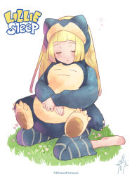 Rule 34 | 1girl, blonde hair, creatures (company), game freak, gen 1 pokemon, highres, kinocopro, lillie (pokemon), nintendo, pokemon, pokemon sleep, pokemon sm, sleeping, snorlax, solo, stuffed toy