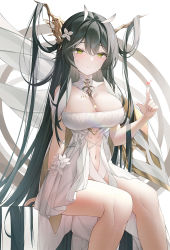 Rule 34 | 1girl, absurdly long hair, azur lane, between breasts, black hair, breasts, choker, cleavage, clothing cutout, detached collar, dress, flower, frilled choker, frills, green eyes, hair flower, hair flowing over, hair on horn, hair ornament, highres, indomitable (azur lane), infinity (kkx132), large breasts, long hair, looking at viewer, navel cutout, simple background, sitting, sleeveless, sleeveless dress, solo, very long hair, white background, white dress, white flower