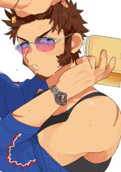 Rule 34 | 1boy, :o, alternate costume, bad id, bad twitter id, black tank top, blue eyes, blue jacket, book, brown hair, facial hair, fate/grand order, fate (series), from side, goatee, grey-framed eyewear, holding, holding book, jacket, long sideburns, looking at viewer, male focus, napoleon bonaparte (fate), shitappa, short hair, sideburns, solo, sunglasses, sweat, tank top, toned, toned male, undressing, upper body, watch, wet, wet hair, wristwatch