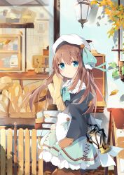 Rule 34 | 1girl, bag, baguette, beret, black jacket, blue bow, blue eyes, blue skirt, blush, book, book stack, bow, bread, brown hair, carrying, closed mouth, collared shirt, commentary request, day, fence, food, hair between eyes, hair bow, hat, highres, holding, holding book, house, jacket, kushida you, lantern, long hair, long sleeves, looking at viewer, original, outdoors, paper bag, reflection, shirt, skirt, solo, very long hair, wall lamp, white hat, white shirt, wide sleeves, window