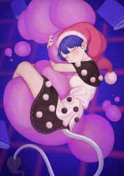 Rule 34 | 1girl, black dress, blush, book, breasts, closed eyes, commentary, doremy sweet, dream soul, dream world (touhou), dress, full body, hat, highres, medium breasts, ni (221), nightcap, open mouth, pom pom (clothes), purple hair, red hat, short hair, sleeping, solo, symbol-only commentary, tail, tapir tail, touhou, white dress