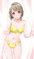 Rule 34 | 1girl, :o, adapted costume, blunt bangs, blush, bow, bow bra, bow panties, bra, breasts, chestnut mouth, cleavage, collarbone, curtains, green bow, green bra, green panties, grey hair, hair bow, highres, looking at viewer, love live!, love live! nijigasaki high school idol club, love live! school idol festival, love live! school idol festival all stars, nail polish, nakasu kasumi, navel, open mouth, panties, red eyes, see-through, short hair, sidelocks, simple background, sleeveless, small breasts, solo, underwear, underwear only, white background, yopparai oni