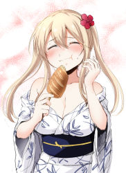 Rule 34 | 10s, 1girl, bare shoulders, blonde hair, blush, breasts, cleavage, closed mouth, collarbone, commentary request, eyebrows, closed eyes, flower, food, foodgasm, graf zeppelin (kancolle), hair flower, hair ornament, highres, ishima yuu, japanese clothes, kantai collection, kimono, large breasts, obi, off shoulder, one eye closed, restrained, sash, solo, tears, upper body