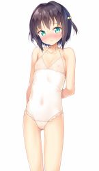 Rule 34 | 1girl, arm at side, arm behind back, black hair, blush, closed mouth, collarbone, covered navel, cowboy shot, flat chest, green eyes, hair intakes, halterneck, highres, kazuma (kazumav), leotard, looking at viewer, original, see-through, short hair, sidelocks, simple background, solo, tsurime, two side up, white background, white leotard