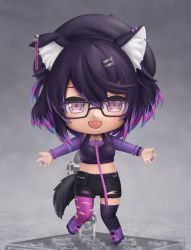 Rule 34 | 1girl, asymmetrical legwear, black-framed eyewear, black hair, black shorts, black thighhighs, blue hair, blush, boots, bracelet, breasts, character request, chibi, commission, crop top, faux figurine, full body, glasses, highres, indie virtual youtuber, jewelry, looking at viewer, medium breasts, mismatched legwear, multicolored hair, nendoroid, open mouth, outstretched arms, pink eyes, pink hair, pink thighhighs, purple footwear, purple hair, rectangular eyewear, second-party source, shiori2525, short hair, short shorts, shorts, single leg pantyhose, single thighhigh, smile, solo, thighhighs, virtual youtuber