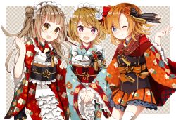 Rule 34 | 10s, 3girls, :d, ;), black ribbon, blue eyes, border, bow, brown hair, checkered background, checkered sash, clenched hand, commentary request, flower, frilled kimono, frills, hair bow, hair flower, hair ornament, hair ribbon, hairpin, haota rinka, highres, japanese clothes, kanzashi, kimono, koizumi hanayo, kosaka honoka, lace, lace-trimmed kimono, lace trim, long hair, looking at viewer, love live!, love live! school idol festival, love live! school idol project, maid, maid headdress, minami kotori, multiple girls, obi, one eye closed, one side up, open mouth, orange hair, outside border, own hands together, printemps (love live!), purple eyes, red bow, ribbon, sash, short hair, smile, striped bow, striped ribbon, tassel, wa maid, white border, white bow, wide sleeves, yellow eyes