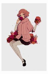 Rule 34 | 1girl, brown eyes, brown hair, burger, commentary, cup, disposable cup, dripping, floral print, flower, food, french fries, holding, holding food, ivxxx, mary janes, okumura haru, pantyhose, persona, persona 5, pink sweater, plaid, plaid skirt, print pantyhose, ribbed sweater, rose, school uniform, shoes, shuujin academy school uniform, skirt, solo, sweater, white pantyhose