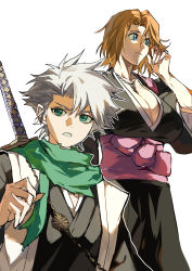 Rule 34 | 1boy, 1girl, absurdres, bleach, blonde hair, blue eyes, breasts, chain, chain necklace, cleavage, green eyes, height difference, highres, hitsugaya toushirou, huge breasts, matsumoto rangiku, necklace, silver hair