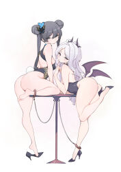 Rule 34 | 2girls, absurdres, adapted costume, ahoge, animal ears, anklet, ass, bare arms, bare legs, bare shoulders, black hair, black leotard, blue archive, blush, breasts, butterfly hair ornament, demon girl, demon horns, demon wings, double bun, dragon print, dress, fake animal ears, fake tail, finger to mouth, grey eyes, hair bun, hair ornament, hairclip, halo, high heels, highres, hina (blue archive), horns, jewelry, kisaki (blue archive), lamsass, leotard, long hair, looking at viewer, multiple girls, multiple horns, parted bangs, playboy bunny, print dress, purple eyes, rabbit ears, rabbit tail, sidelocks, simple background, sleeveless, small breasts, standing, standing on one leg, strapless, strapless leotard, tail, thighs, twintails, very long hair, white background, white hair, wings