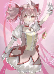 Rule 34 | 1girl, absurdres, bow, bubble skirt, gloves, hair ribbon, highres, kaname madoka, magical girl, mahou shoujo madoka magica, mahou shoujo madoka magica (anime), pink background, pink bow, pink eyes, pink hair, pink ribbon, ribbon, short hair, short twintails, skirt, solo, soul gem, twintails, white gloves, zuuin