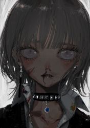 Rule 34 | 1girl, black jacket, blood, blood on face, blunt bangs, bruise, close-up, collar, collared shirt, earrings, fang, fang out, grey eyes, grey hair, highres, injury, jacket, jewelry, lipstick, long eyelashes, looking at viewer, makeup, medium hair, mole, mole under eye, narue, nosebleed, original, pendant, portrait, red lips, shirt, simple background, solo, studded collar, white background, white shirt, wing collar