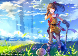 Rule 34 | 1girl, blush, brown eyes, brown hair, cloud, cloudy sky, day, gloves, grass, hammer, hammer (ole tower), long hair, mataichi mataro, ole tower, one eye closed, open mouth, side ponytail, sky, slime (creature), smile, solo, tower