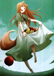 Rule 34 | 00s, 1girl, absurdres, animal ears, anklet, apple, ayakura juu, barefoot, blush, brown hair, fang, female focus, food, fruit, grapes, highres, holo, jewelry, long hair, official art, outdoors, pear, red eyes, scan, skirt, sky, smile, solo, spice and wolf, tail, wolf ears, wolf tail