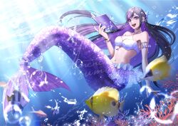Rule 34 | 1girl, :d, absurdres, air bubble, bikini, black hair, book, bubble, colored inner hair, commentary request, coral, fish, fish request, full body, highres, holding, holding book, irodoli project, kurakichi36, long hair, looking at viewer, mermaid, monster girl, monsterification, multicolored hair, open mouth, purple eyes, purple hair, second-party source, smile, solo, sumire (irodoli project), swimsuit, teeth, underwater, upper teeth only, virtual youtuber, white bikini