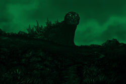 cloud cloudy_sky dinosaur giant giant_monster glowing glowing_eyes godzilla godzilla_(series) godzilla_minus_one grass highres horror_(theme) kaiju katou_yuu looking_at_viewer monster night night_vision sharp_teeth sky teeth toho white_eyes