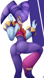 Rule 34 | 1girl, ass, blue eyes, bodysuit, breasts, cameltoe, cleft of venus, gloves, hat, highres, huge ass, jester cap, medium breasts, nights (character), nights into dreams, ricocake, sega, smile, solo, white gloves