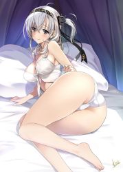Rule 34 | 1girl, anchor symbol, ass, bare legs, bare shoulders, barefoot, black headband, bra, breasts, clothes writing, commission, grey eyes, hachimaki, headband, kantai collection, large breasts, long hair, looking at viewer, looking back, lying, mitarashi kousei, on bed, on side, one side up, panties, pillow, silver hair, skeb commission, solo, suzutsuki (kancolle), thighs, underwear, underwear only, white bra, white panties