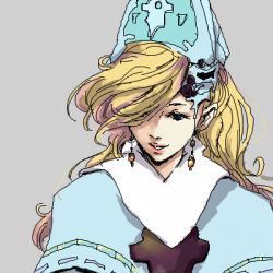 Rule 34 | 1990s (style), 1girl, blonde hair, cross, earrings, female focus, final fantasy, final fantasy iv, final fantasy iv: the after years, hair over one eye, hat, jewelry, leonora, lowres, retro artstyle, rika (ajidori), rika (artist), simple background, solo, tate eboshi, upper body