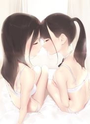 Rule 34 | 2girls, ama mitsuki, arm support, back, bare shoulders, blush, bra, brown hair, closed eyes, face-to-face, from behind, imminent kiss, indoors, long hair, multiple girls, original, panties, ponytail, shoulder blades, sitting, underwear, underwear only, white bra, white panties, yuri
