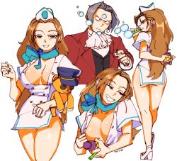 Rule 34 | 1boy, 1girl, 3amsoda, ace attorney, ace attorney investigations, artist name, ascot, ass, blue scarf, breasts, brown hair, business suit, cammy meele, earrings, flight attendant, formal, highres, jewelry, large breasts, looking at viewer, miles edgeworth, multiple views, red suit, scarf, simple background, soap bubbles, solo focus, stuffed animal, stuffed toy, suit, teddy bear, travel attendant, white background