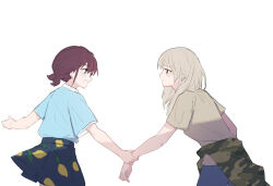 Rule 34 | 2girls, blue eyes, blue pants, blue shirt, blue skirt, blush, brown eyes, brown hair, brown shirt, camouflage, camouflage jacket, chinese commentary, clothes around waist, commentary request, girls band cry, grey hair, highres, holding another&#039;s wrist, iseri nina, jacket, jacket around waist, kawaragi momoka, lemon print, long hair, looking at another, low twintails, multiple girls, open mouth, pants, parted lips, pleated skirt, shirt, shirt tucked in, short hair, short sleeves, short twintails, simple background, skirt, twintails, white background, yun cao bing