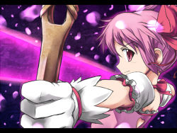 Rule 34 | 10s, arrow (projectile), bow, bow (weapon), drawing bow, gloves, hair bow, hidechuu, holding, holding bow (weapon), holding weapon, kaname madoka, magical girl, mahou shoujo madoka magica, mahou shoujo madoka magica (anime), pink eyes, pink hair, profile, short twintails, solo, twintails, weapon, white gloves