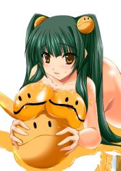 Rule 34 | 00s, 1girl, ball, bent over, blush, bodypaint, breast rest, breasts, creature, green hair, gundam, gundam 00, hair bobbles, hair ornament, haro, holding, large breasts, long hair, looking at viewer, maho (yakimorokoshi), mashuu (masyu), naked paint, nipples, nude, open mouth, paint, simple background, smile, solo, standing, twintails, wang liu mei, white background, yellow eyes