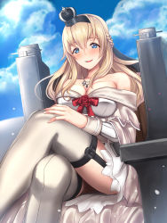 Rule 34 | 10s, 1girl, bare shoulders, blonde hair, blue eyes, blue sky, blush, braid, breasts, cleavage, cloud, crossed legs, crown, day, dress, flower, french braid, garter straps, grey thighhighs, hair between eyes, hairband, hand on own thigh, highres, jewelry, kantai collection, large breasts, light particles, long hair, long sleeves, looking at viewer, machinery, medium breasts, mini crown, nail polish, necklace, off-shoulder dress, off shoulder, red flower, red ribbon, red rose, ribbon, rose, sitting, sky, smile, solo, thighhighs, throne, untue, upskirt, warspite (kancolle), white dress, white nails