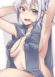 Rule 34 | 1girl, absurdres, arms up, blue eyes, blush, breast pocket, breasts, collared jacket, grey jacket, highres, jacket, kantai collection, kiritto, large breasts, open mouth, pocket, silver hair, simple background, sleeveless, solo, suzutsuki (kancolle), sweat
