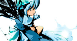 Rule 34 | 1girl, blue eyes, blue hair, cirno, dain, dress, female focus, food, matching hair/eyes, popsicle, solo, embodiment of scarlet devil, touhou, white background, wings