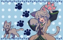 Rule 34 | &gt; o, 1other, androgynous, animal ears, animal hands, animalization, arm up, brown coat, brown neckerchief, cat, cat ears, cat tail, coat, commentary, english commentary, fang, gift art, gloves, grey cat, grey eyes, grey hair, gzpxllztt, hand up, highres, houlen yabusame, kemonomimi mode, layered sleeves, len&#039;en, long sleeves, neckerchief, one eye closed, open mouth, other focus, paw gloves, short hair with long locks, short over long sleeves, short sleeves, smile, tail