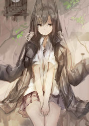 Rule 34 | 1girl, against wall, black hair, black skirt, branch, clock, highres, ivy, jacket, jacket on shoulders, leaf, looking at viewer, open clothes, open jacket, original, plant, pleated skirt, shirt, short sleeves, skirt, smile, solo, v arms, wall, white shirt, yellow eyes, yoshizawa tsubaki