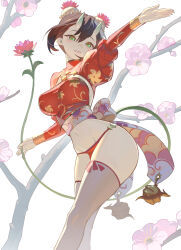 Rule 34 | 1girl, black hair, blush, bracelet, breasts, bun cover, cropped shirt, double bun, floral print, flower, green eyes, grin, hair bun, highres, horns, jewelry, large breasts, long sleeves, navel, oni, original, panties, pointy ears, red panties, red shirt, sash, shirt, short hair, skin-covered horns, smile, solo, thighhighs, thighs, timbougami, underwear, white thighhighs