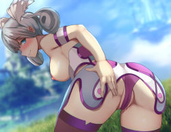 Rule 34 | 1girl, ass grab, blue eyes, breasts, cameltoe, come hither, head wings, lainart, large breasts, looking at viewer, looking back, melia antiqua, nipples, pussy juice, sideboob, silver hair, smile, solo, wings, xenoblade chronicles (series), xenoblade chronicles 1