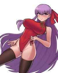 Rule 34 | 1girl, bare hips, bb (fate), bb (fate/extra), black thighhighs, breasts, cameltoe, china dress, chinese clothes, cleft of venus, commentary, donburi (donburikazoku), dress, fate/extra, fate/extra ccc, fate (series), frontal wedgie, groin, hair ornament, hand under clothes, high collar, large breasts, leotard, lifting own clothes, long hair, purple eyes, purple hair, skindentation, smile, solo, thighhighs, very long hair, wedgie